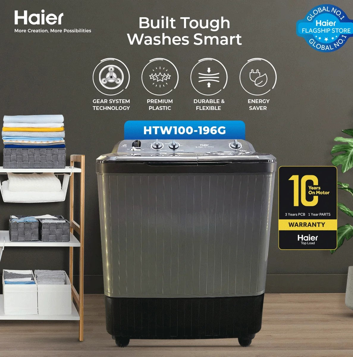 Haier HTW-100-196G/S 10 KG Semi Auto Washing Machine