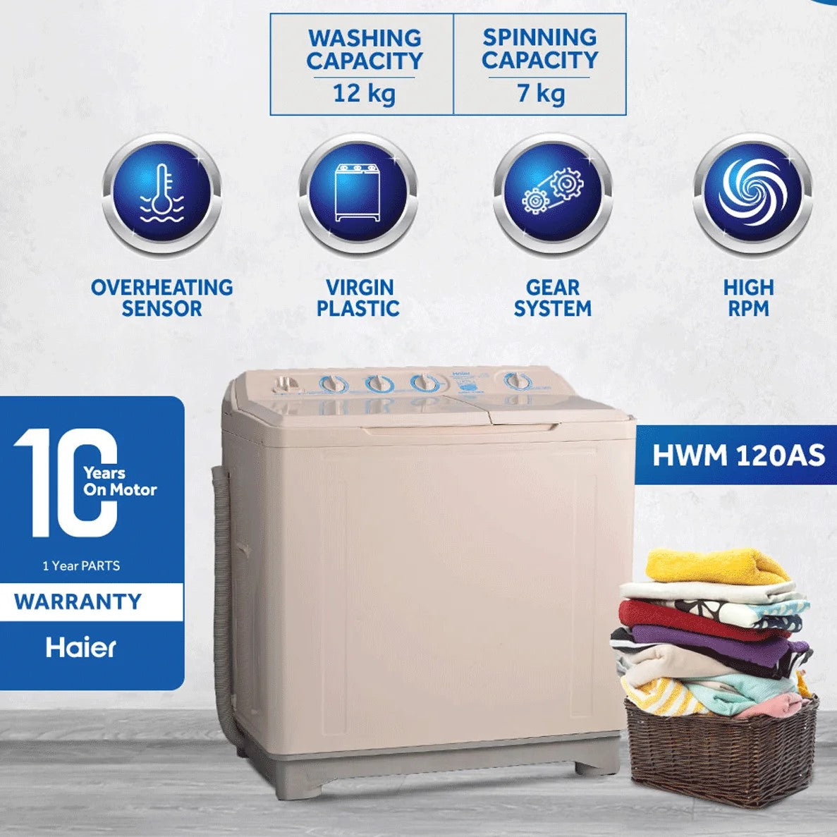 Haier Washing Machine | Model HWM- 120-AS | Capacity 12 KG Jumbo Size | Semi Automatic Washing Machine