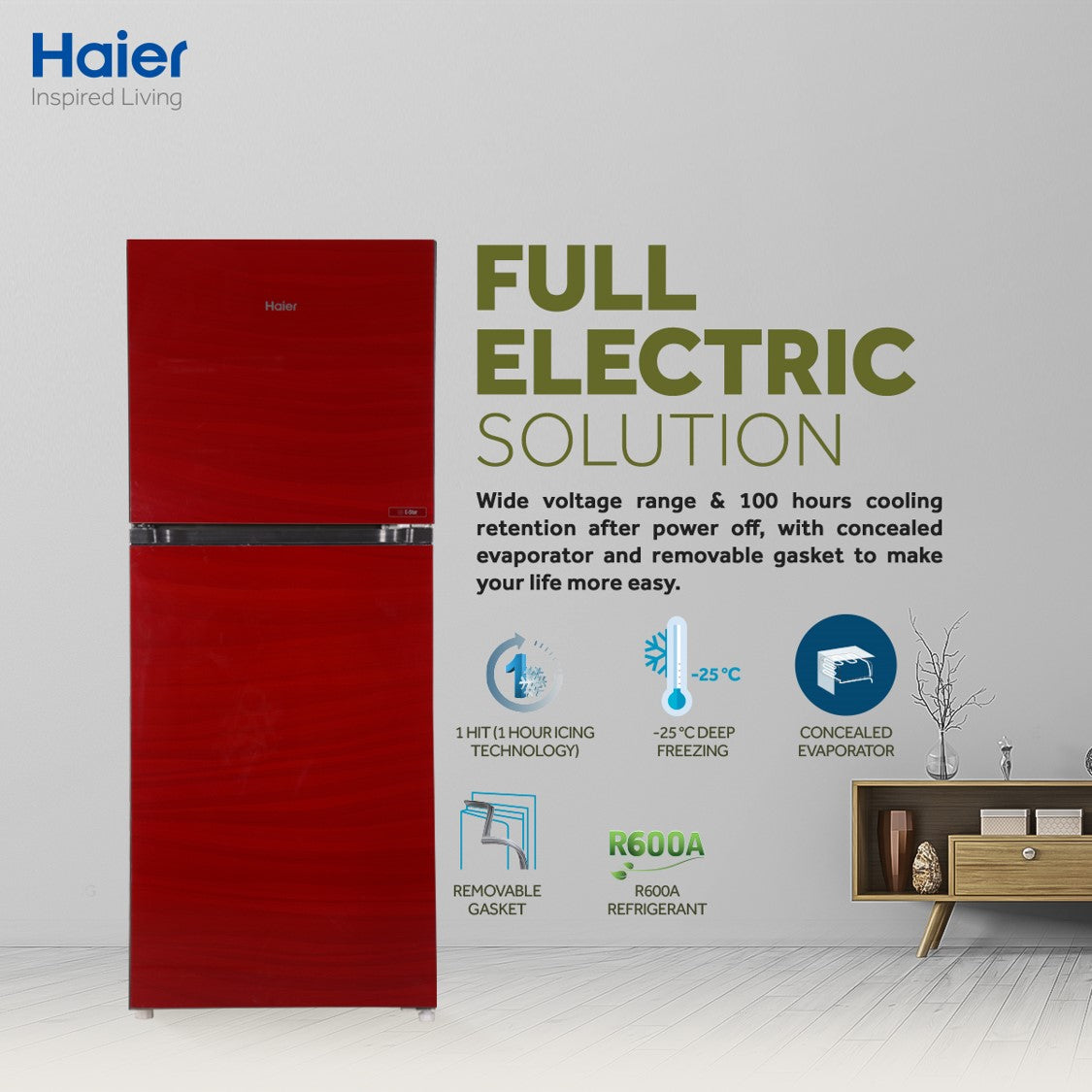 Haier Refrigerator HRF-368IPR red (inverter glass door without turbo fan)
